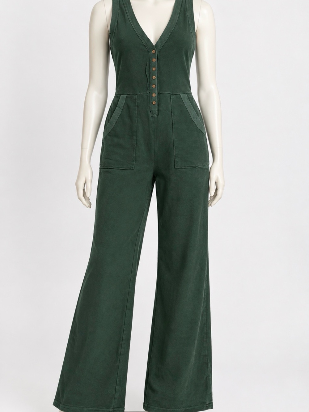 Sleeveless Forest Green Wide-Leg Button-Front Jumpsuit